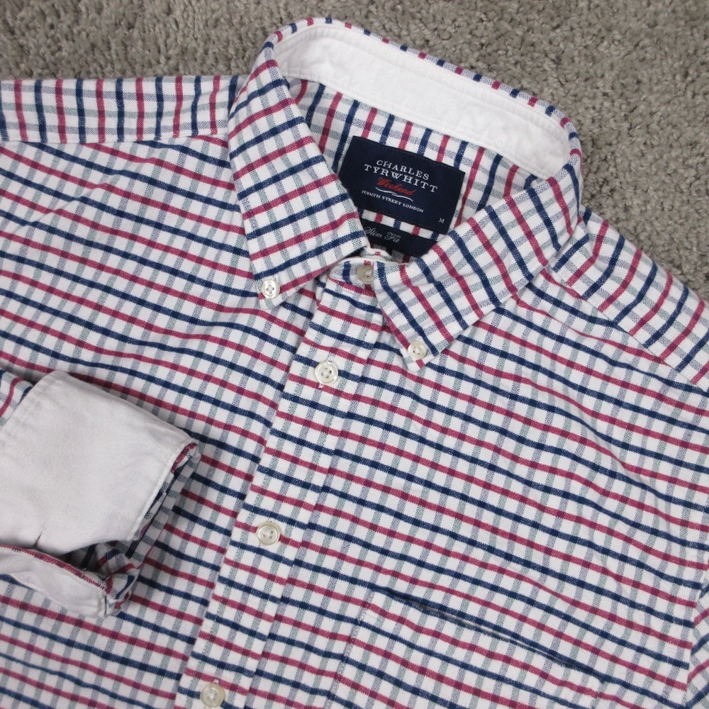Charles Tyrwhitt Shirt Men Medium White Blue Pink Plaid Oxford Weekend Button Up